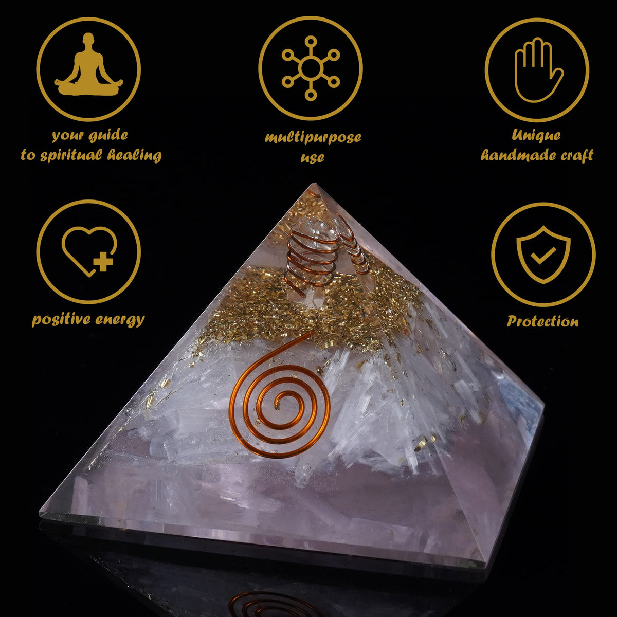 Crocon Selenite Orgone Pyramid Healing Crystals Stone Orgonite Gemstone Pyramid Stones Reiki Crystal Good Luck Charms Meditation Chakra Organite Home Decor Spiritual Gifts Size 2.5 Inch App.