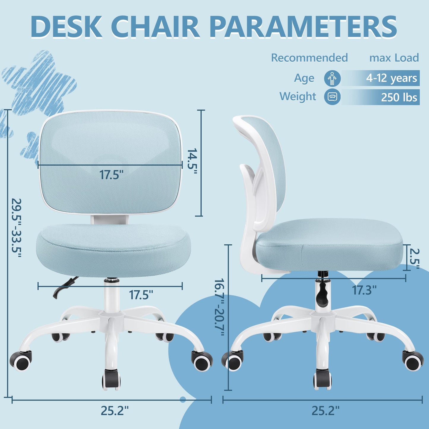 Primy Tall Drafting Desk Chair - Armless, Adjustable Height, Mesh Back, Rolling, Standing Desk Chair for Art Room, Office or Home (Light Blue)