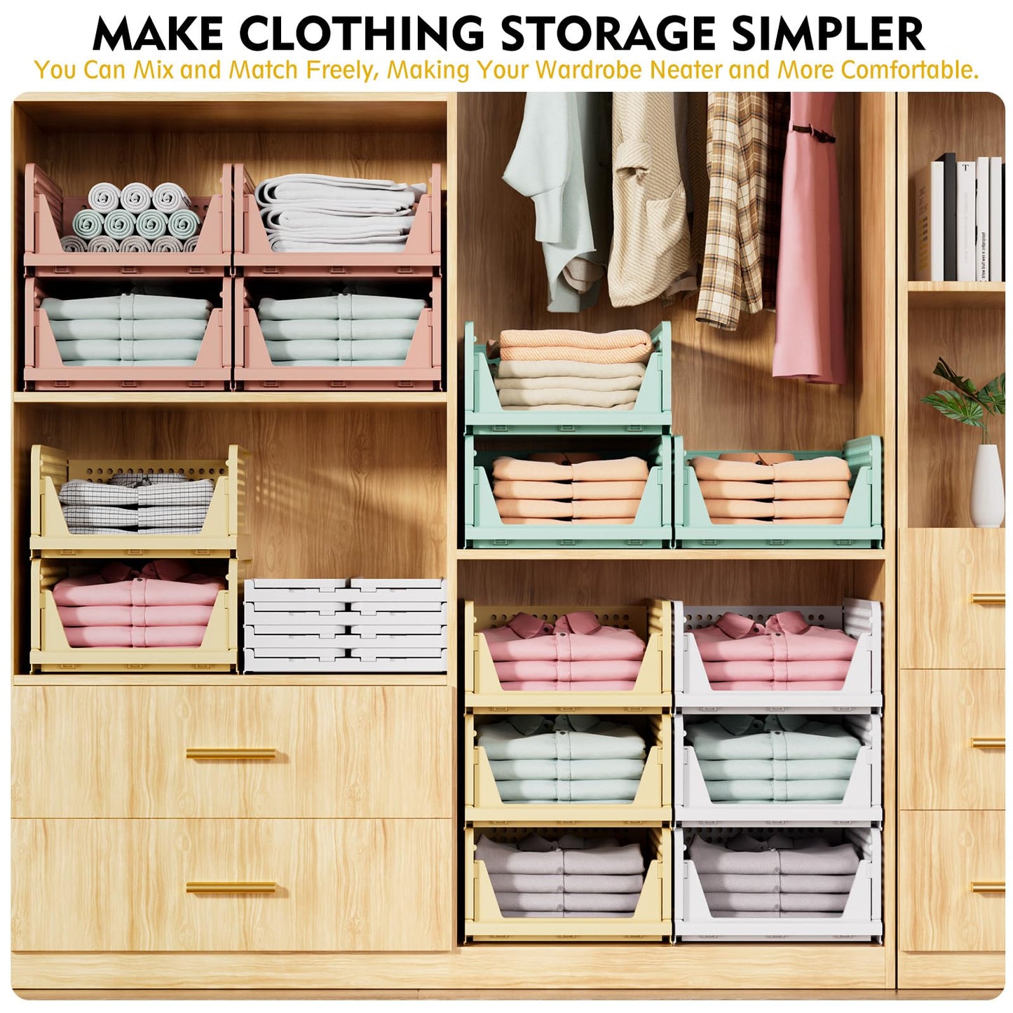 SNSLXH 5 Pack Stackable Closet Organizer Box, Multifunctional & Foldable Closet Storage Basket for Bathroom Kitchen Laundry Room Wardrobe Storage, Space-Saving Clothes Storage Drawer Organizer, Yellow