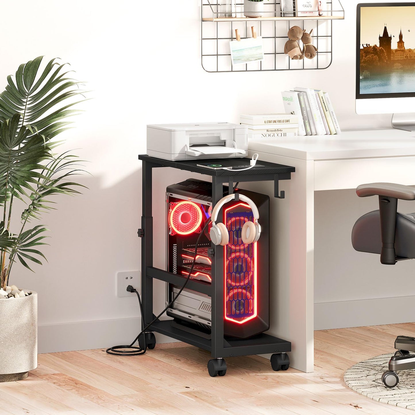 Snughome Computer Tower Stand with Charge Station, 25.0"-32.1" Height Ajustable PC Tower Stand for Floor, Mobile CPU Holder Cart for Carpet with Hooks, PC Cart for Gaming Office Home