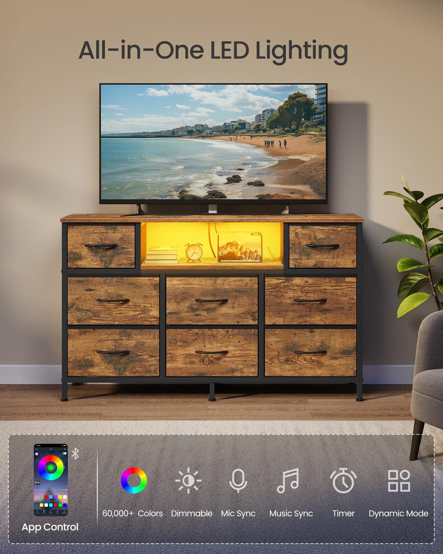 SONGMICS BELLAH Collection - Dresser for Bedroom with Outlets and LED Lights, TV Stand for TVs Up to 55 Inches, Chest of Drawers, 8 Drawers, Steel, Industrial, Rustic Brown and Ink Black ULGS433KD02S