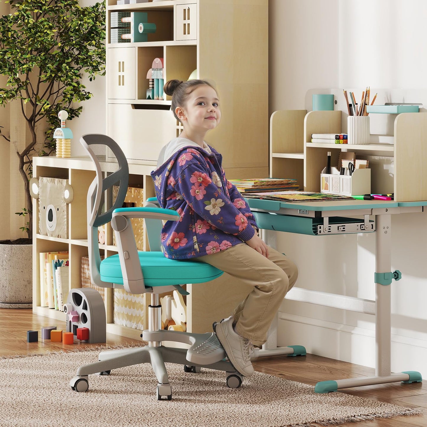Costzon Kids Desk Chair, Student Ergonomic Computer Chair with Wheels, Footrest, Adjustable Height, Flip-up Armrests & Soft Removable Cushion, Swivel Rolling Kids Office Chair for 3-15 (Green)