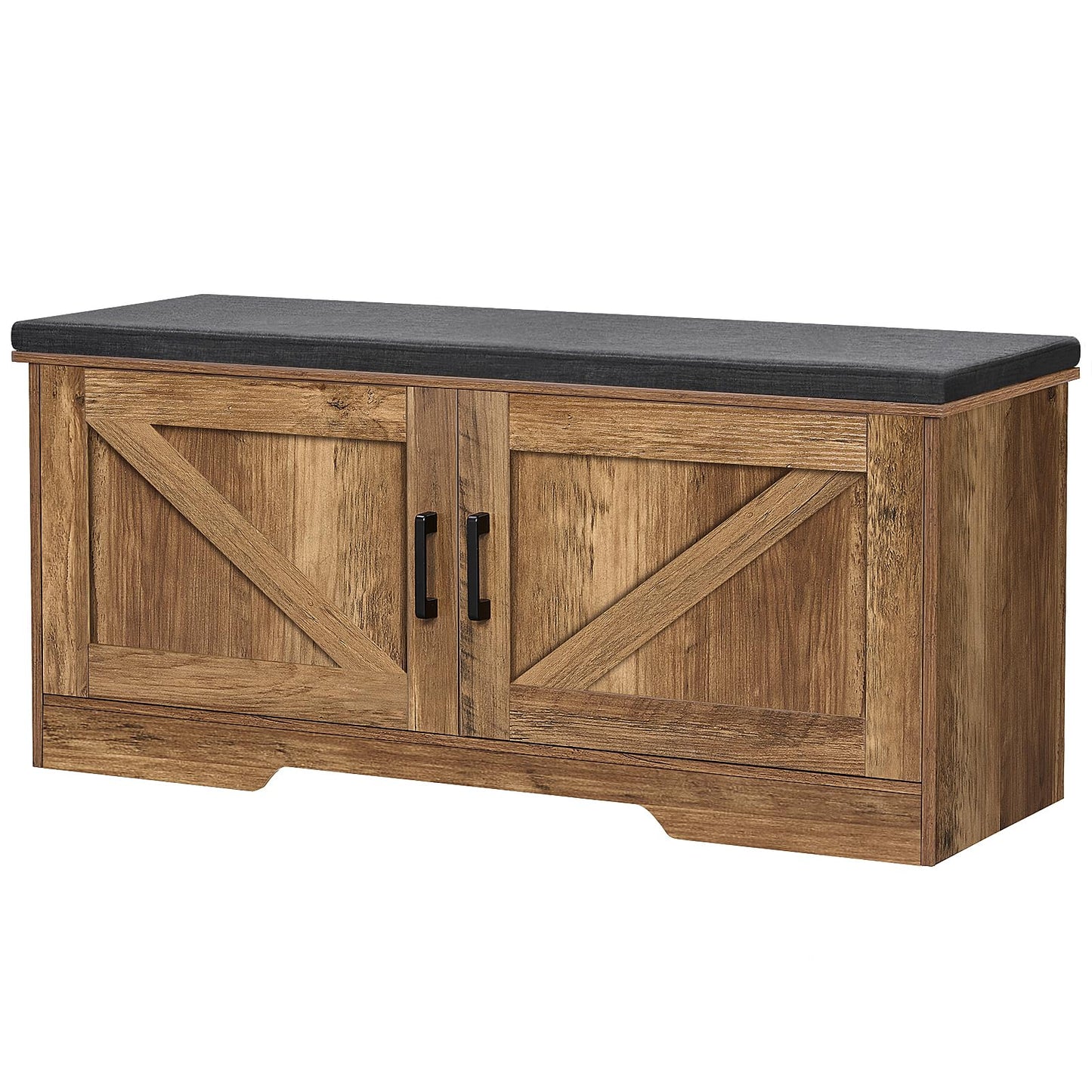 HOMSHO 2-Tier Storage Bench, 39.4" Wide Shoe Bench with Padded Seat Cushion, Entryway Bench with 2 Barn Doors and Adjustable Shelf, Rustic Walnut