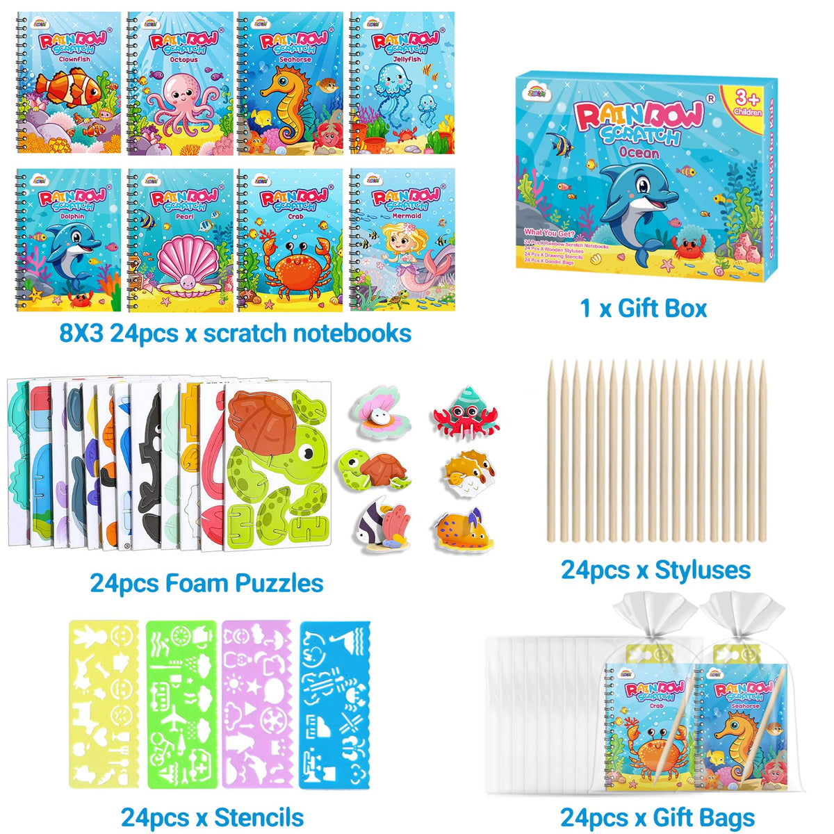 ZMLM 24 Pack Scratch Art Party Favors for Kids 4-8 – Individually Wrapped Rainbow Notebooks, Mess-Free Goodie Bag Stuffers, Non-Candy, Classroom Prizes, Travel Quiet Time Crafts for Boys Girls(Ocean)
