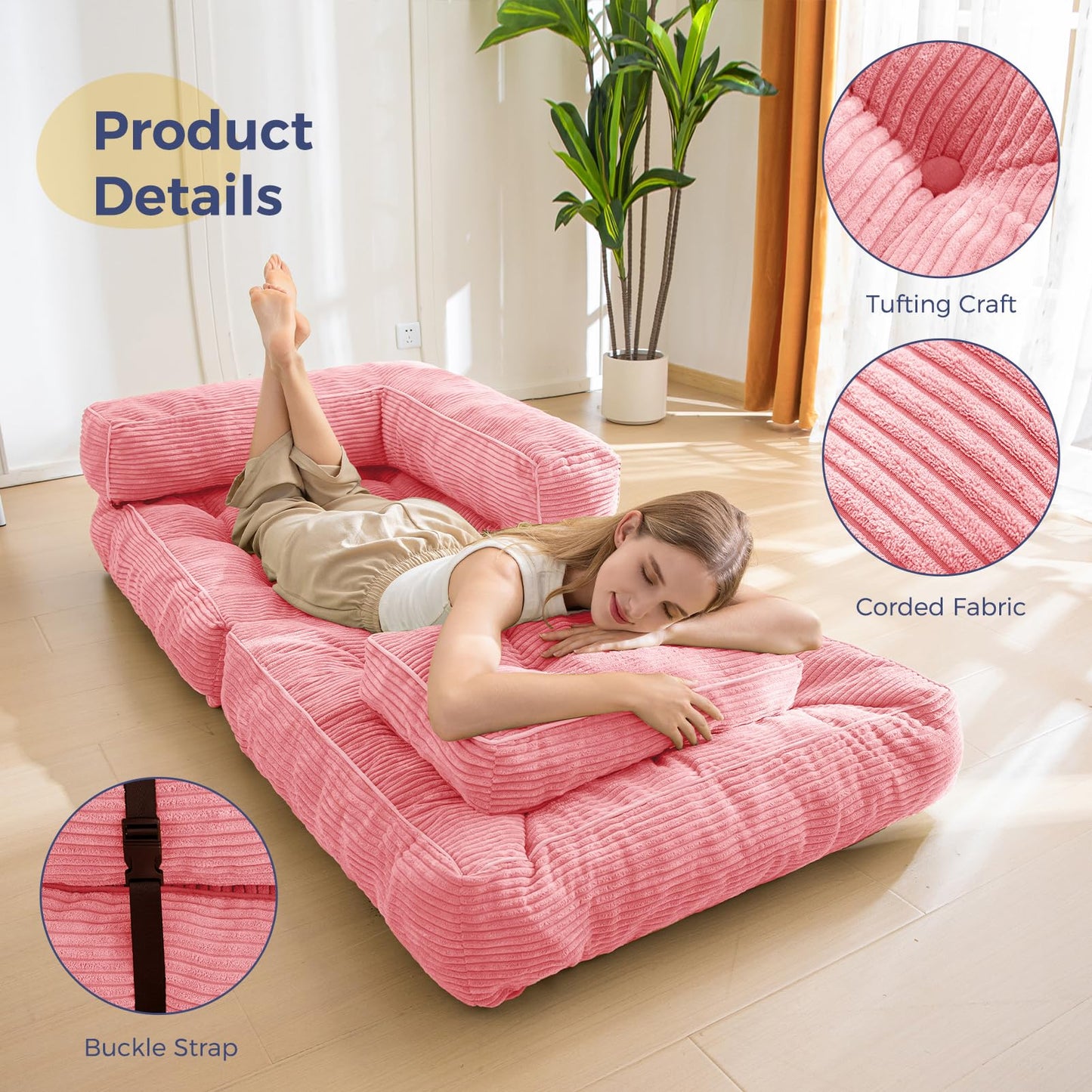 MAXYOYO Convertible L Shape Corner Sleeper Chair with Pillow Portable Fold Out Chair Bed, Floor Sofa Lounge for Living Room Bedroom, Pink