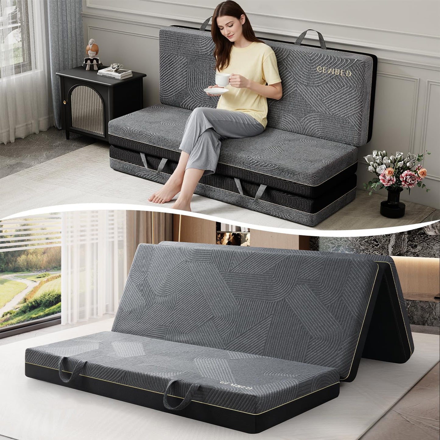 GEMBED Tri Folding Mattress Queen Size - Memory Foam Tri-fold Handle & Non-Slip Bottom, Portable Foldable Sofa Bed Floor Chair for Travel RV Camping Guest Yoga - 6 Inch, 78"x58"x6"