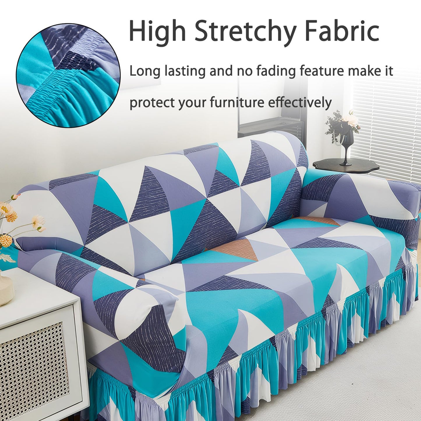 Ausing Printed Sofa Cover with Skirt Easy Fitted Armchair Slipcover Stretch Non-Slip Single Couch Cover Washable Universal Furniture Protector Blue Geometric(35”-55”)
