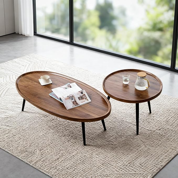Garvee Nesting Coffee Table Set of 2, 2-Piece Walnut Coffee Tables, Mid Century