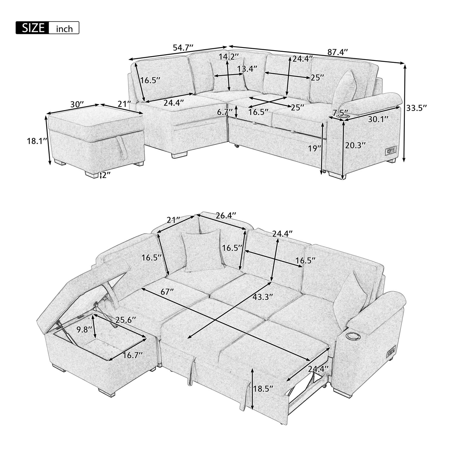 ERYE 84.7-Inch Left Facing Corner Sleeper Sectional Sofa Bed for Living Room Office,L-Shaped Fabric Upholstered Convertible Pull Out Sleeper Couch Bed W/Storage Ottoman