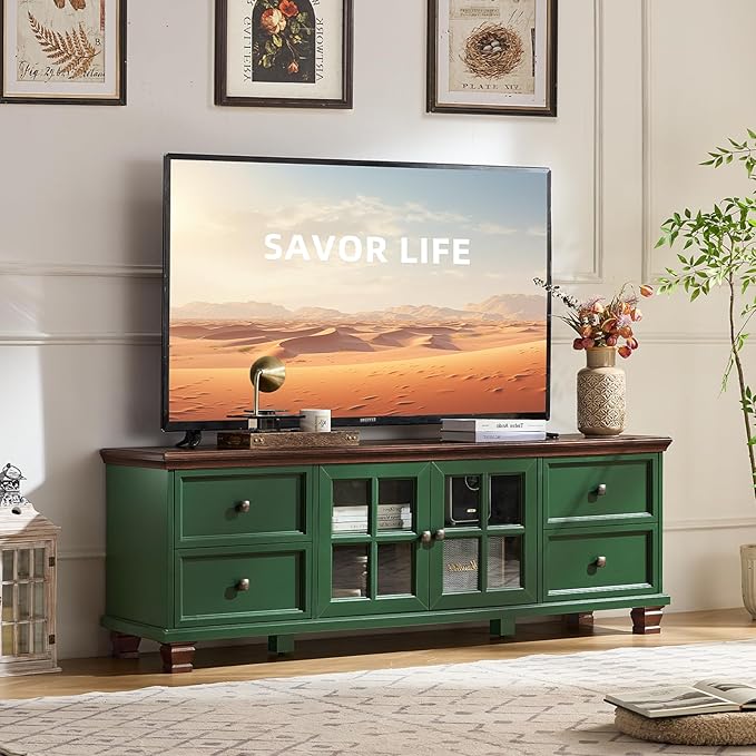 SAVOR LIFE Farmhouse TV Stand for Living Room, Rustic Green Entertainment Center