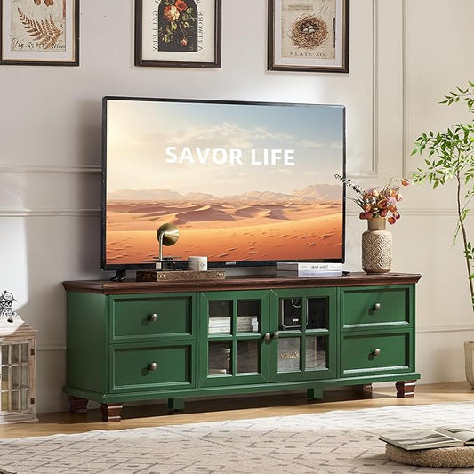 SAVOR LIFE Farmhouse TV Stand for Living Room, Rustic Green Entertainment Center