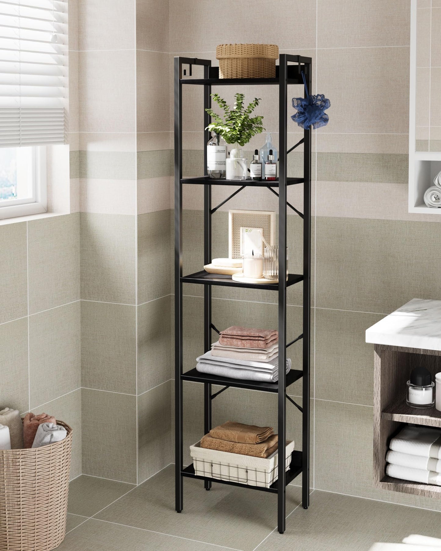 Hzuaneri Bookshelf, Book Shelf, Industrial Bookcase with 2 Hooks, Coner Shelf Storage Organizer for Home Office, Living Room, Bedroom, Kitchen, 5-Tier Black BC10504B