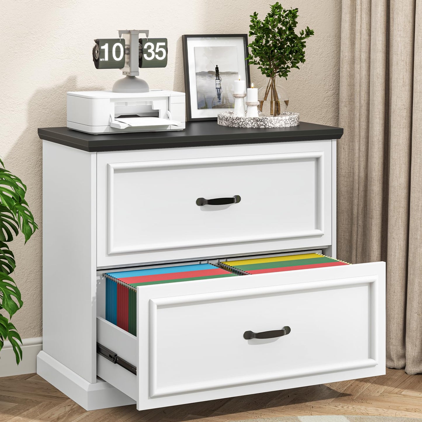 Halitaa 2 Drawer File Cabinet, Farmhouse Lateral Filing Cabinet for Letter/A4/Legal Size Hanging Files, Large Wood File Storage Cabinets Printer Stand for Home Office, White and Black