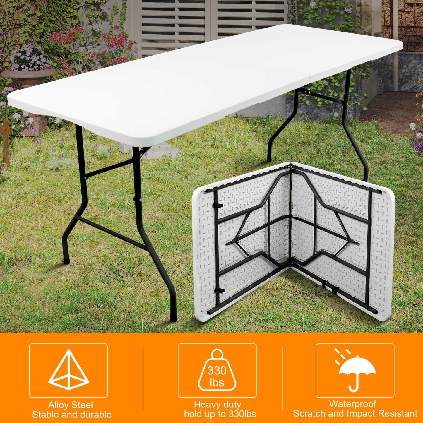 FROASISPRO 6ft Folding Table, Portable Heavy Duty Plastic Fold-in-Half Utility Table for Indoor/Outdoor Use, Dining, Camping, Picnic, Party, White