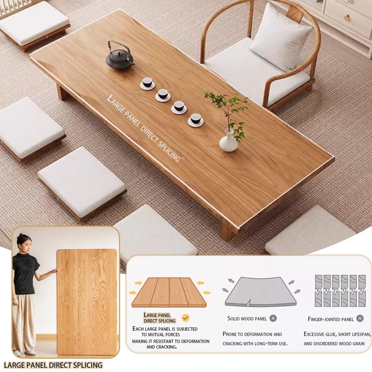 GLDGJMZ Zen Low Floor Table Solid Wood Japanese Tea Table with Embedded Tray & Wrought Iron Legs Coffee Table for Living Room Meditation & Tea Ceremony (55.1" x 23.6" x 13.8")