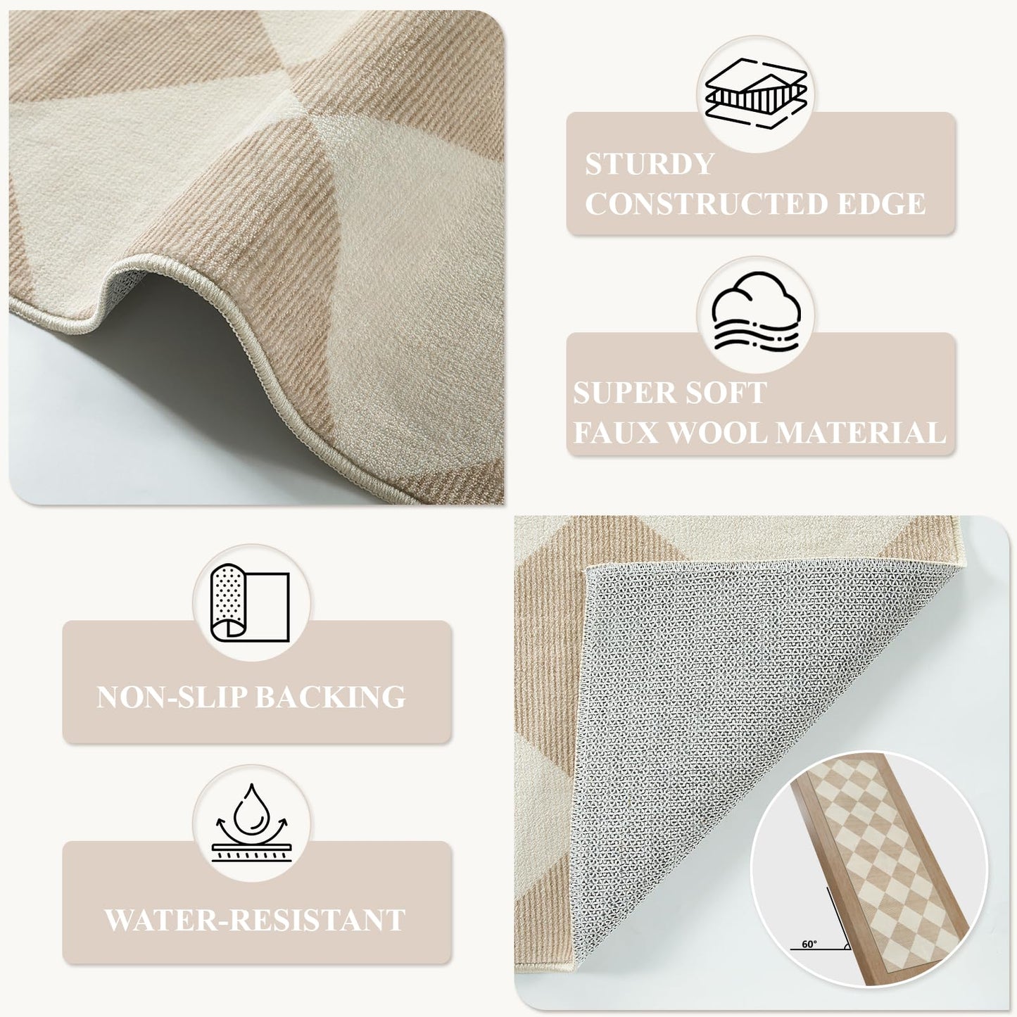 Beeiva Checkered Print Carpet Runners for Hallway 6ft, Beige Ultra Thin Washable Kitchen Runner Rug Non Slip, Moroccan Plaid Checkerboard Decor Faux Wool 2x6 Rug for Bedroom Bathroom Entryway