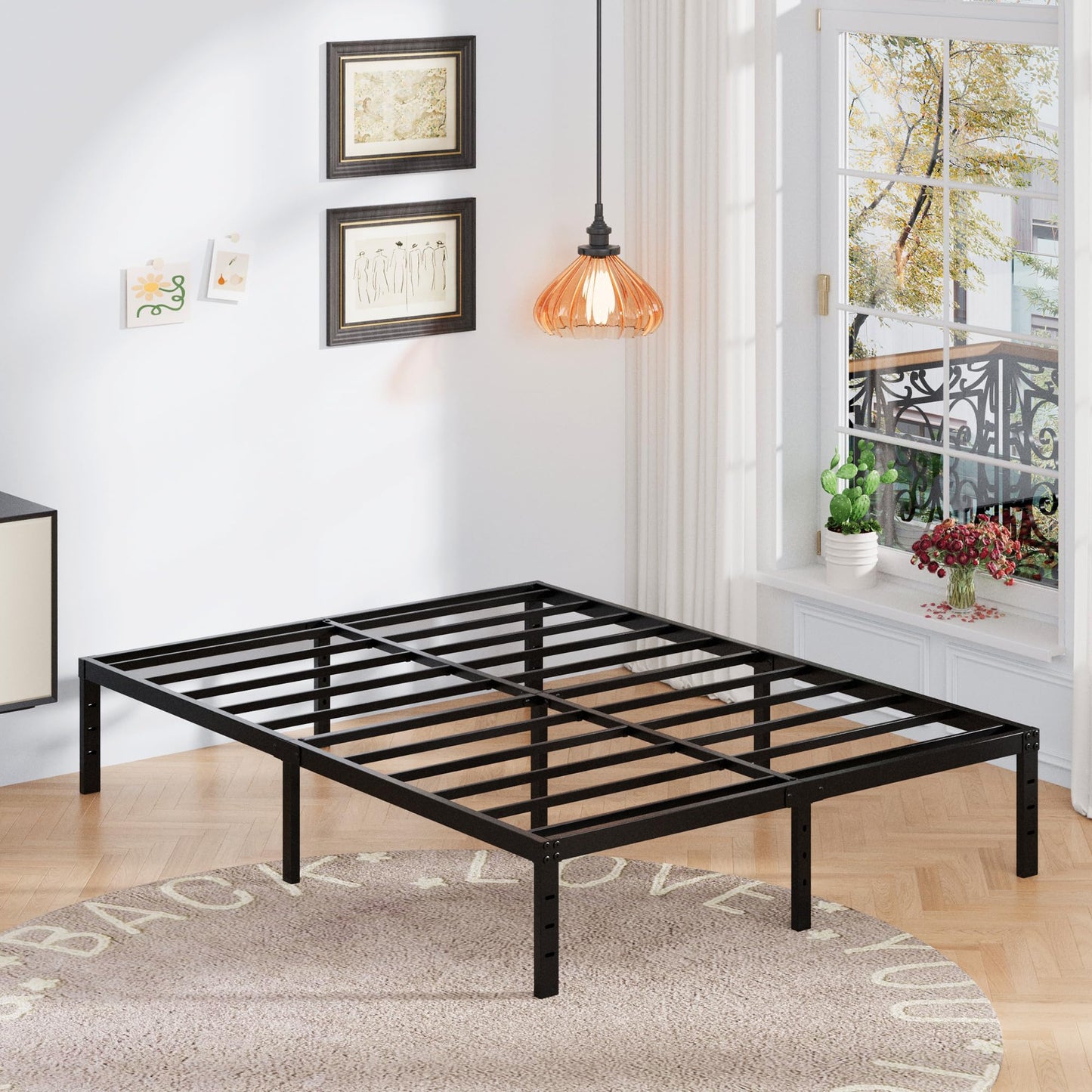 Upcanso 16 Inch Cal King Bed Frame with White Skirt Cover, Metal California King Bed Frames with Storage, No Box Spring Needed, Heavy Duty, Easy Assembly, Noise Free, Mattress Foundation