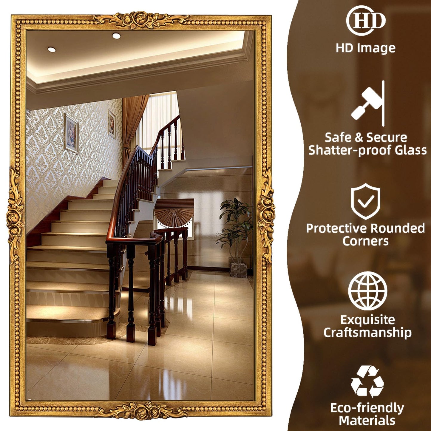 Varsoul Antiqued Gold Wall Mirror with Beaded Frame – 24 * 36in Traditional & Flourish Baroque Ornate Rectangle Mirror for Over Fireplace/Entryway Vanity, Living Room or Event – Home Décor