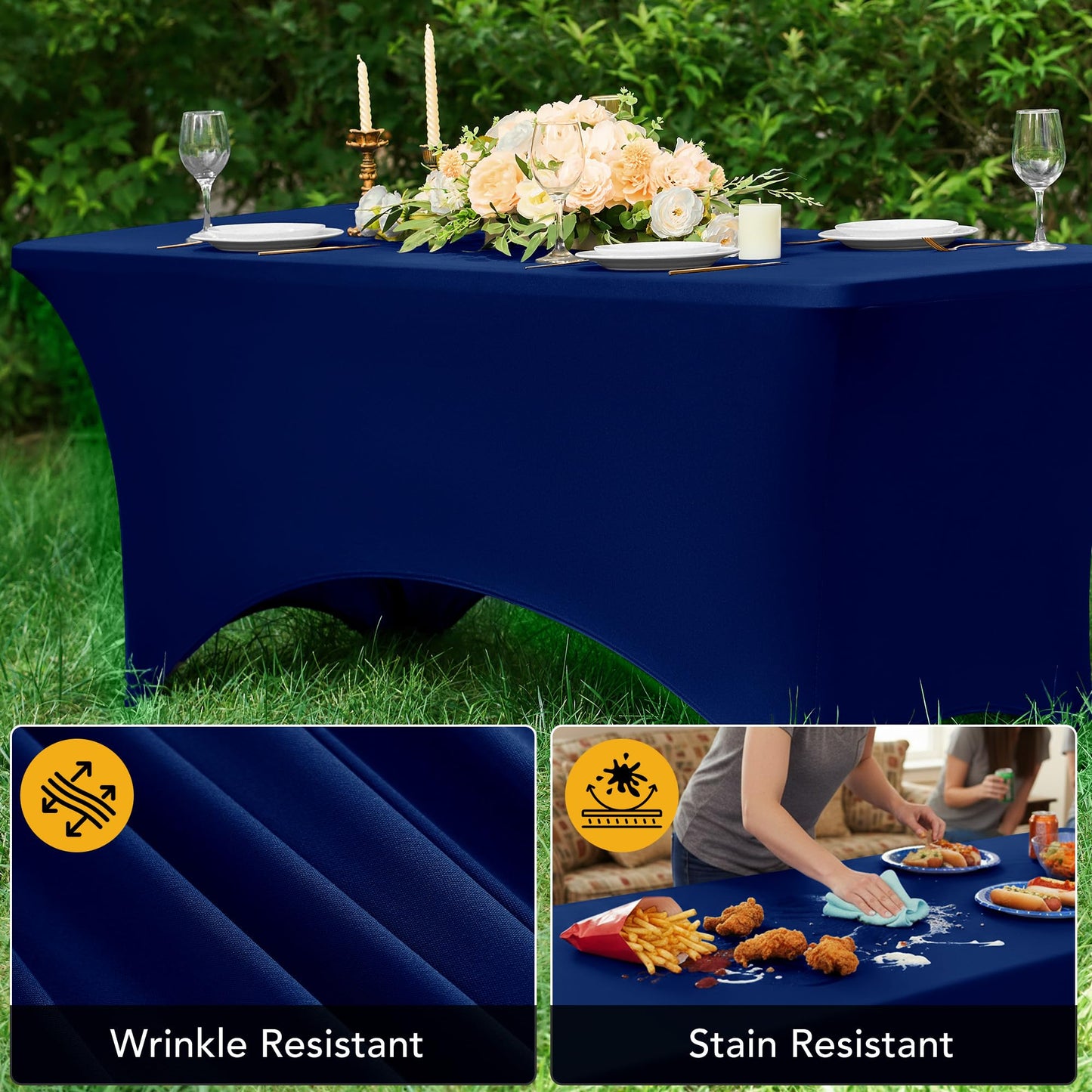 Dailyset 6-Pack Premium Navy Blue Spandex Tablecloths for 6ft Rectangle Tables, Stain & Wrinkle-Resistant, Washable Stretch Polyester Fitted Table Cover for Weddings, Banquets, Trade Shows Events
