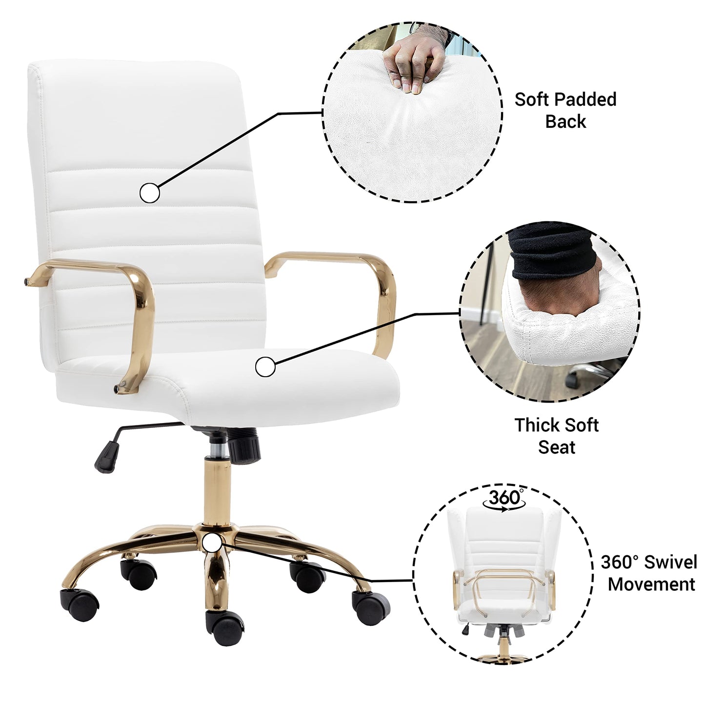 BTEXPERT White Ergonomic Faux Leather Adjustable Home Office Arm Chair Golden Finish (5162)