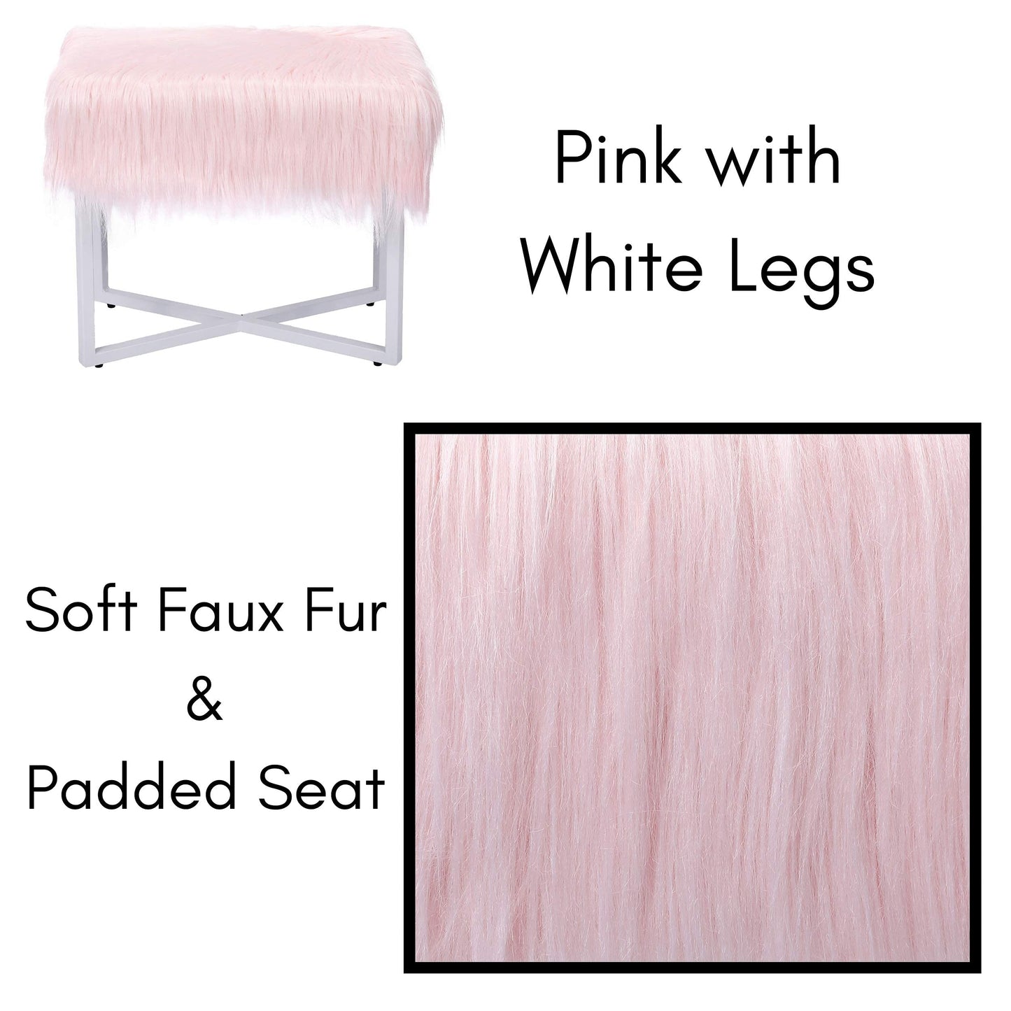 BIRDROCK HOME Rectangular Faux Fur Vanity Foot Stool Ottoman with Metal Legs - Small Soft Padded and Fluffy Makeup Seat or Foot Rest for Bedroom, Desk, or Dressing Table (Pink and White)