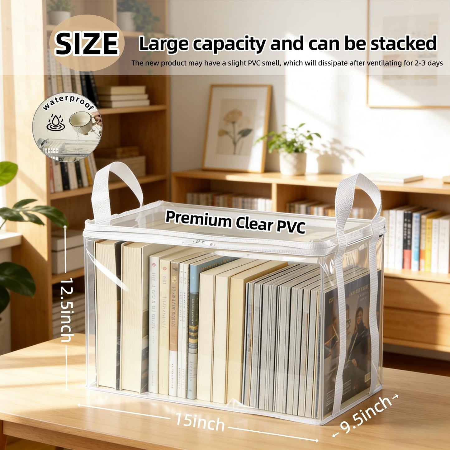 Clear Book Storage Bag with Reinforced Handles - Heavy Duty Plastic Comic Book Organizer & DVD Storage Bin - Collapsible Media Tote with Zipper Lid for Books, Journals and Albums - 15" x 9.5" x 12.5"