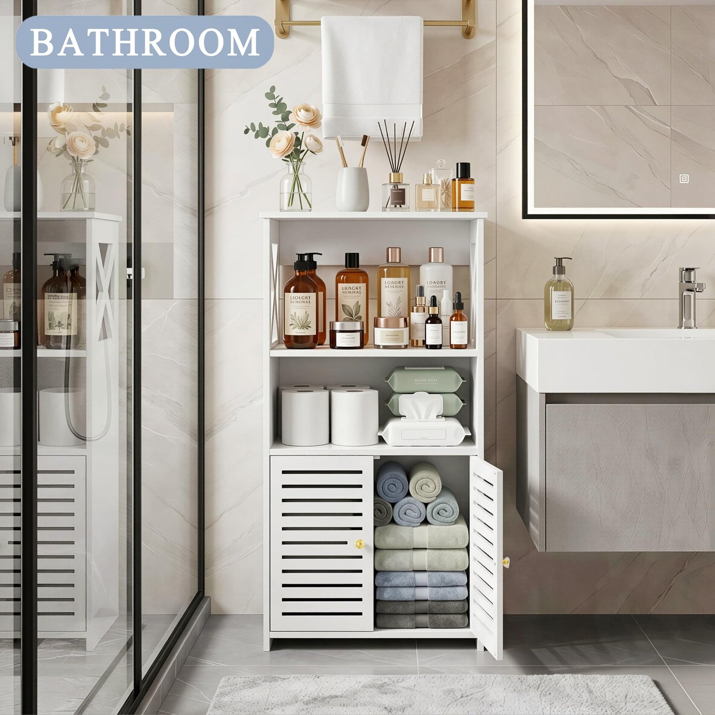 BYFU Bathroom Storage Cabinet, 4-Tier White Small Floor Cabinet Freestanding Organizer with Door and Shelf for Living Room Hallway Kitchen Small Space (8.7" D x 14.2" W x 29.1" H)