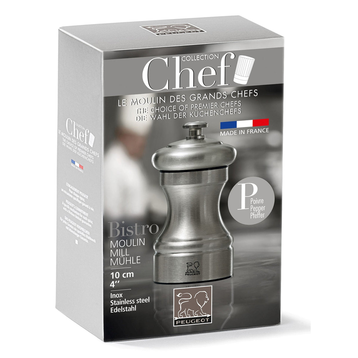 Peugeot Bistro Chef Salt Mill, 10cm/4", Stainless Steel