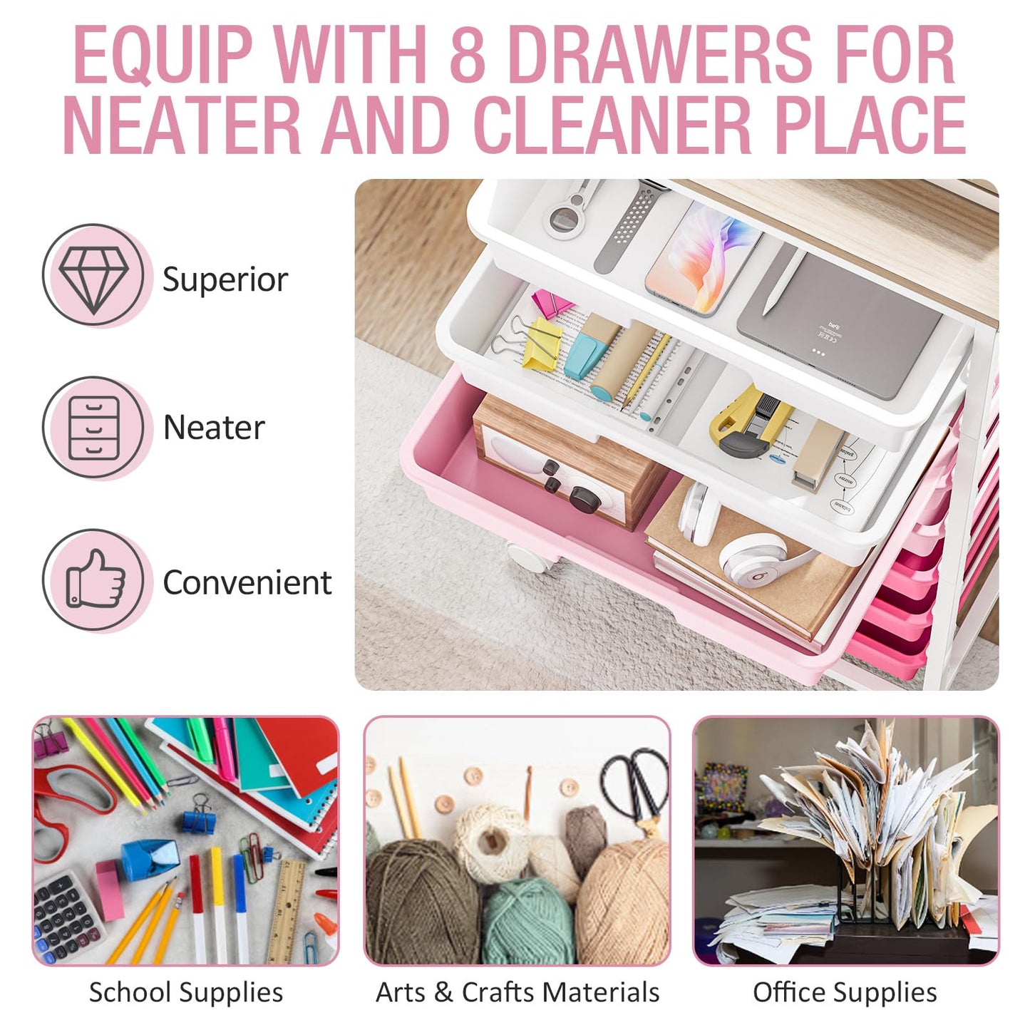 Rolling Cart with Drawers, Pink Cart with 8 Plastic Drawer Storage and Wooden Tabletop, Craft Storage, Teacher Cart, Storage Cart on Wheels, Rose Pink