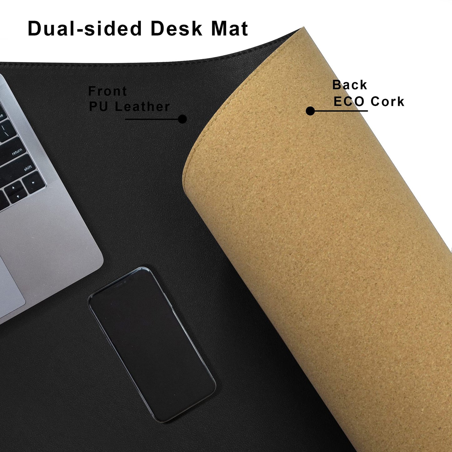 Cacoy Large Desk Mat, 48" x 24" Leather Desk Pad Protector with Cork & PU Leather, Double-Sided Office Desk Cover Mat, Large Computer Mouse Pad, Waterproof Desk Blotter Pad for Office and Home, Black