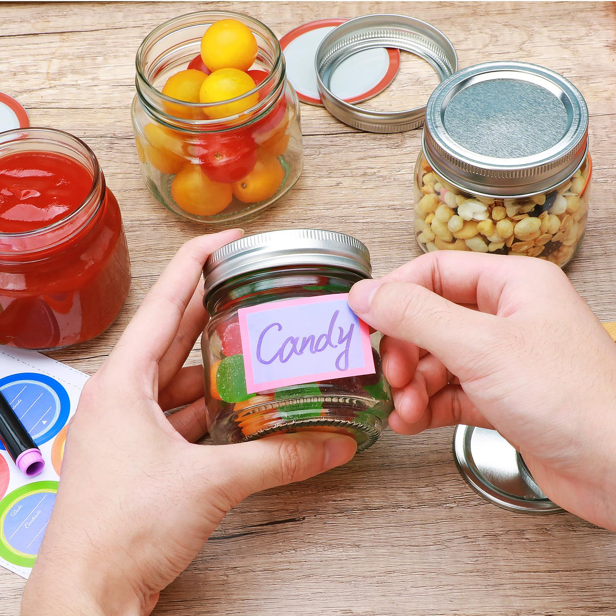 8 oz Mason Jars 30 Pack，Small Glass Containers with Lids，8oz Mason Jars with Lids,Canning Jars,The set includes 1 wooden spoons, 8 stickers, and a purple pen，Ideal for jams, spices, candy