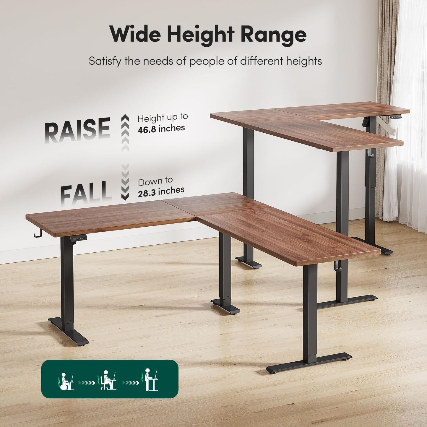FEZIBO 63" x 55"L Shaped Standing Desk Adjustable Height, 63 Inch Electric Stand up Corner Computer Desk, Sit Stand Home Office Desk with Splice Board, Black Frame/Black Walnut Top