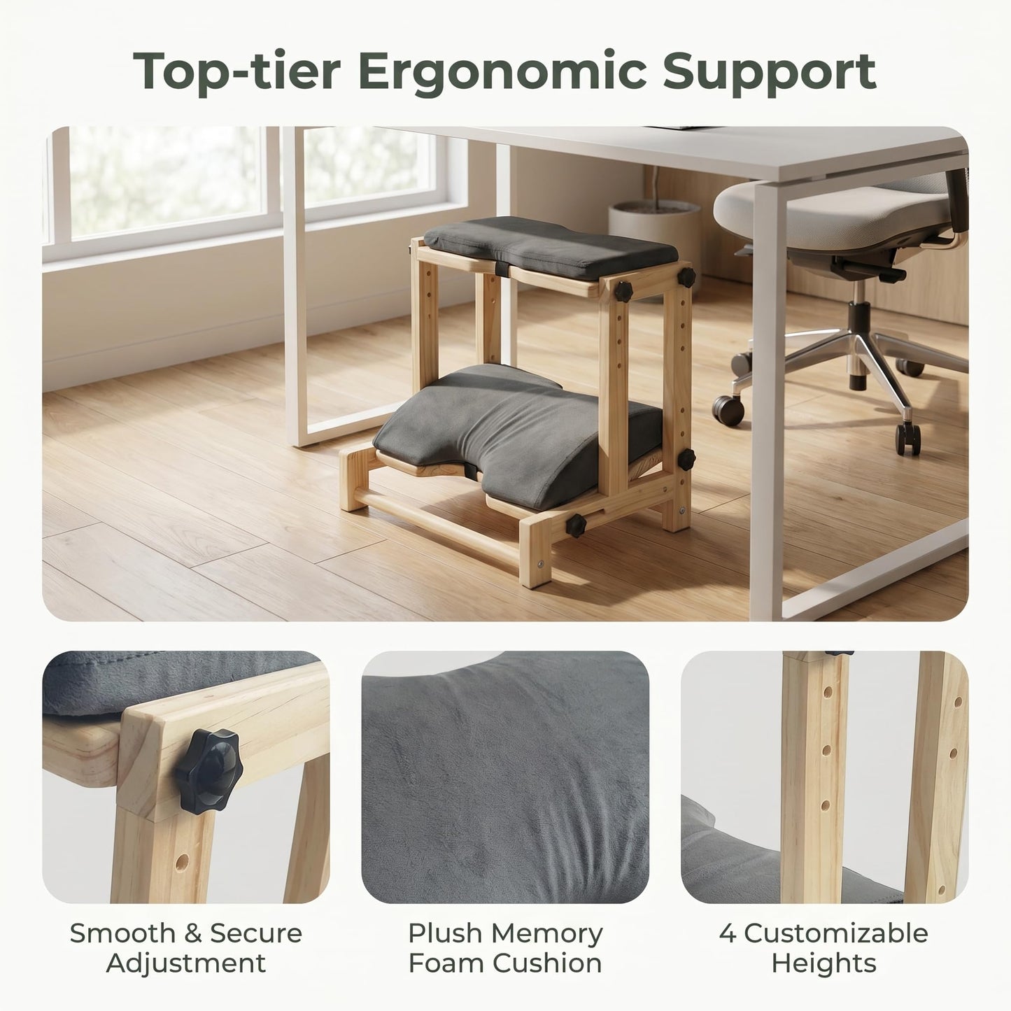 Double Step Foot Rest Under Desk, Adjustable Wooden Foot Stool with 4 Heights – Ergonomic Desk Foot Rest with Soft Short Flannel Cushion for Office, Home, Gaming & Study – Natural Pine Wood
