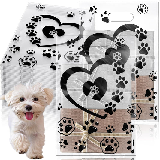 Sunnymove 400 Pcs Dog Paw Gift Bags Bulk 11.8x7.9 In Plastic Clear Puppy Treats Goodies Totes with Handle Merchandise Shopping Bag for Christmas Birthday Party Retail Business Wrapping
