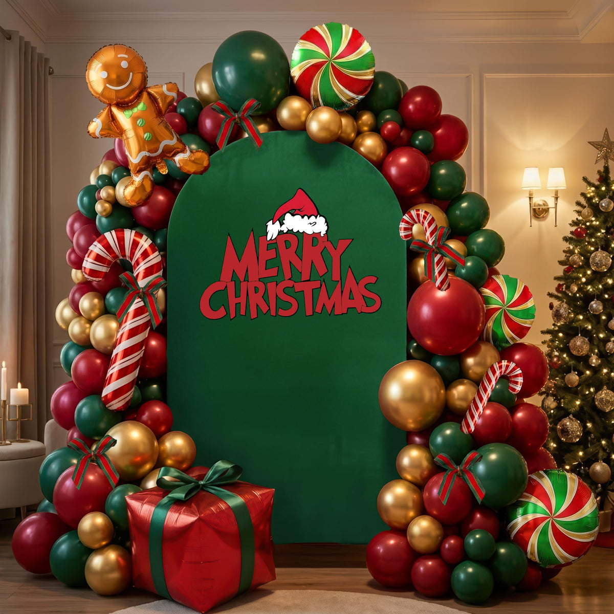 Christmas Balloon Garland Arch Kit with bow Xmas Gold Red Green Balloons Candy Cane Gift Box Gingerbread Man Foil Balloons for Christmas New Year Birthday Party Decorations