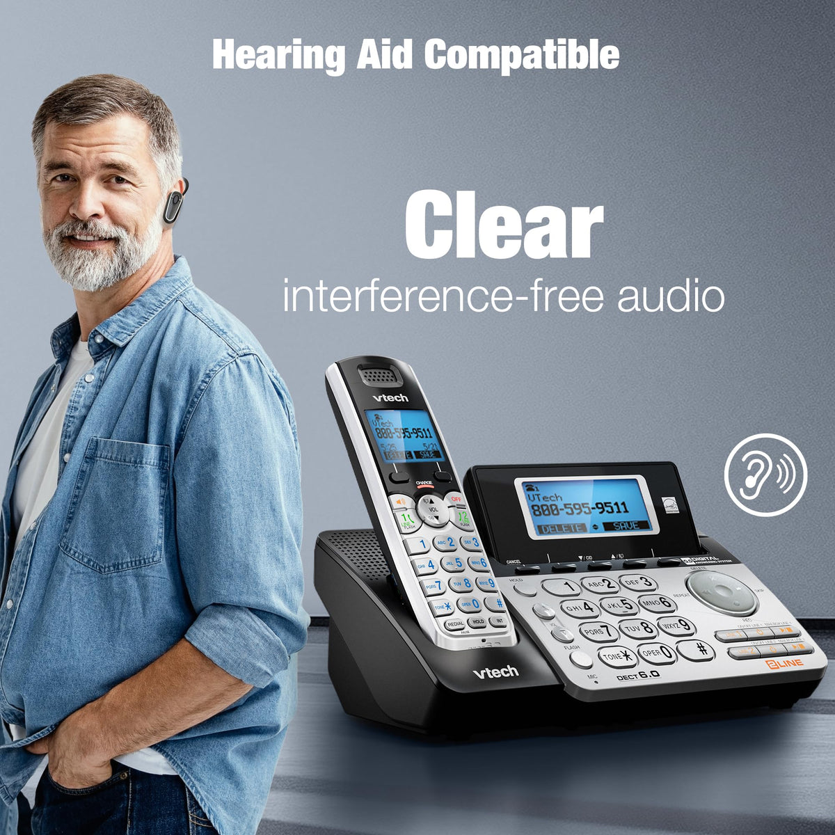 VTech DS6151-2 2-Line Expandable Cordless Phone System with 2 Handsets, Digital Answering System, Caller ID, DECT 6.0 - Home & Small Business (Black/Silver)