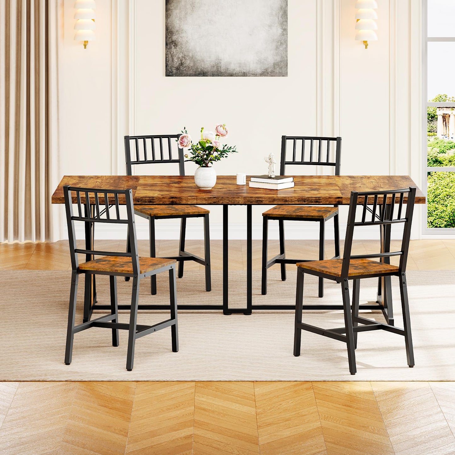 HOOBRO Dining Chairs Set of 4, Wooden Kitchen Chairs with Metal Frame, Industrial Dining Chairs with Back, Easy to Assemble, Farmhouse Dining Chairs for Living Room, Rustic Brown and Black BF39CDP401