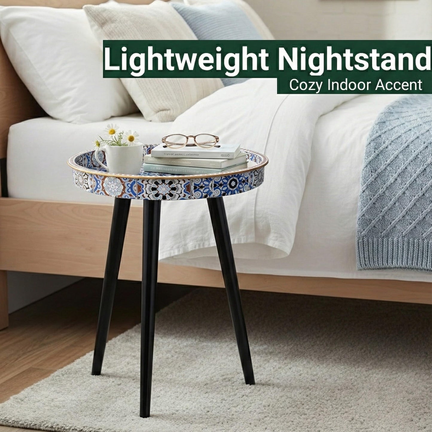Zosenley Round Indoor Side Tables with Detachable Wooden 3 Legs, Versatile Tray Table, Perfect for Round Coffee Table Tea, and Relaxation Time 17.7 Inch (33 Bohemian)