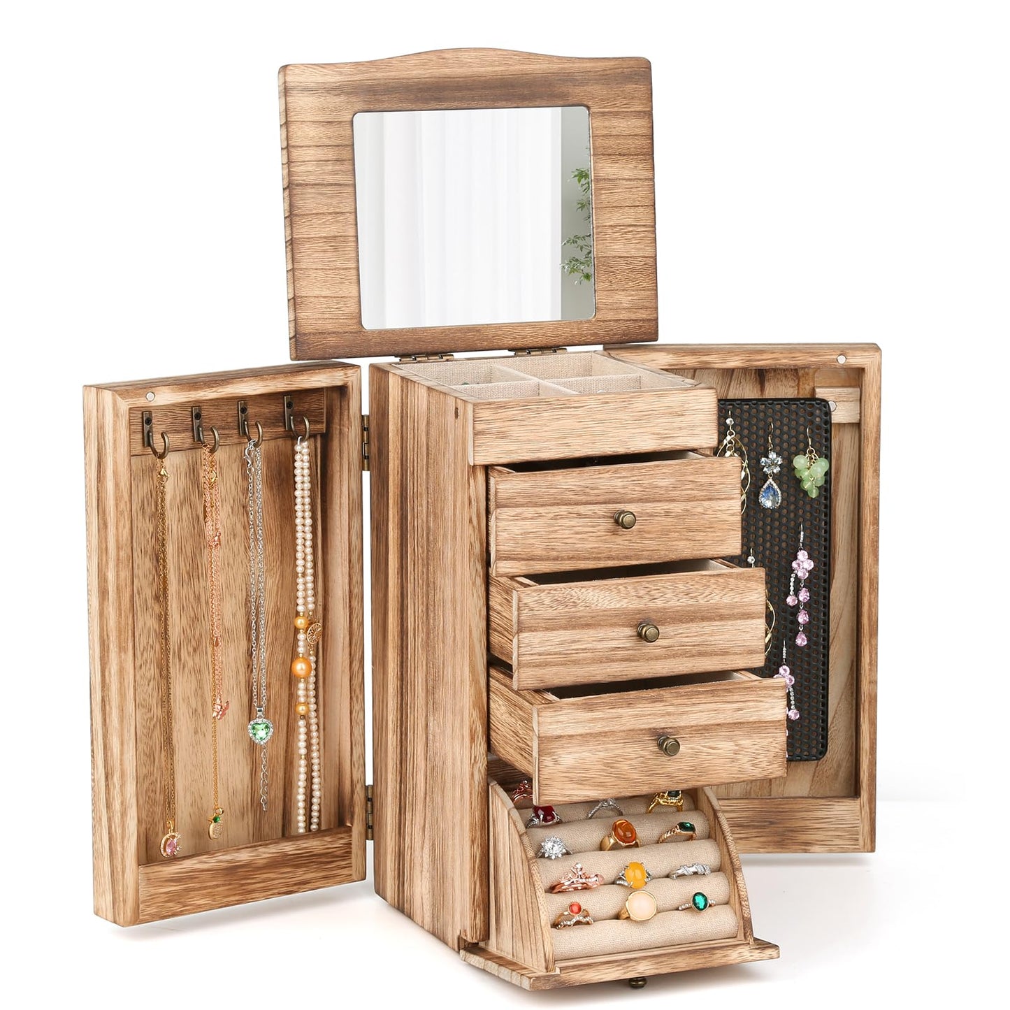 Meangood Jewelry Box Jewelry Organizer, 5-Layer Wooden Jewelry Organizers and Storage Boxes for Women Girls, Ring Earring Bracelet Necklace Holder Organizer with Mirror & Drawers (Carbonized Black)
