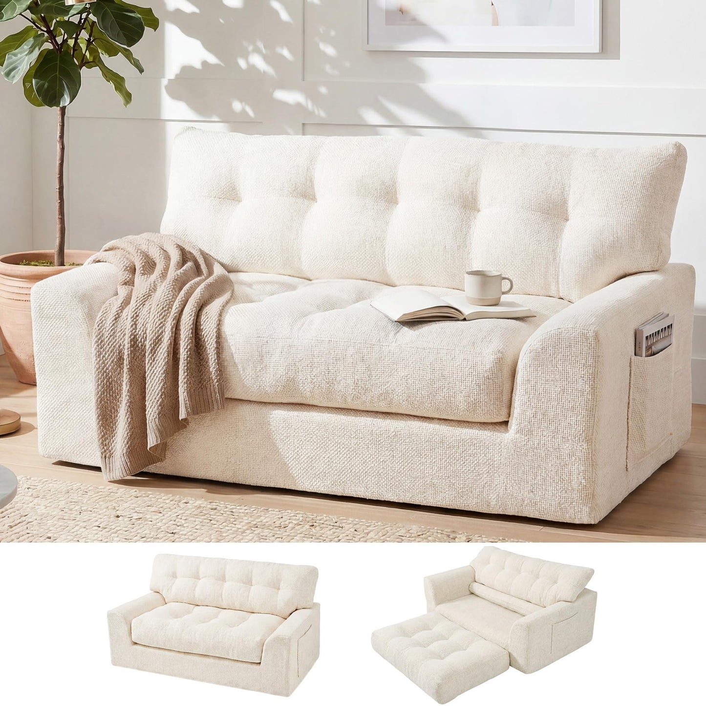 MONVANE 55.5" Convertible Loveseat Sofa Bed, 2-in-1 Boneless Sleeper Sofa Couch with Storage Pocket, Comfy Chenille Deep Seat Couch for Living Room, No Assembly Required, Beige