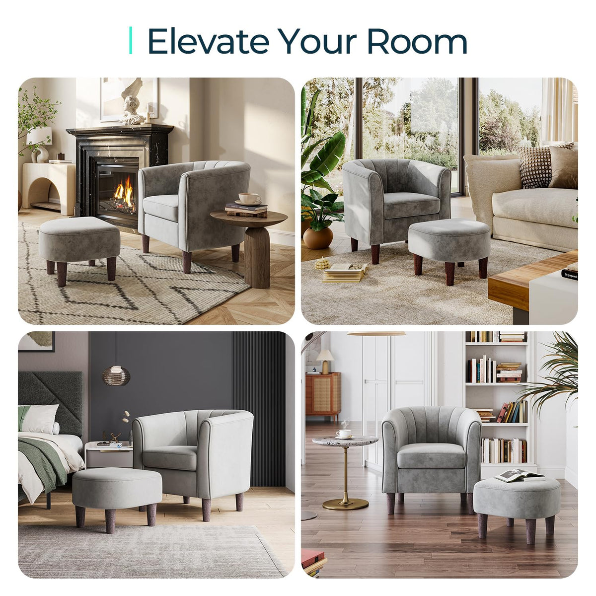 LINSY Accent Chair Set of 2, Velvet Barrel Chair with Ottoman, Modern Comfy Small Armchair for Small Spaces Reading Room Living Room Bedroom Kids Room Office, Grey