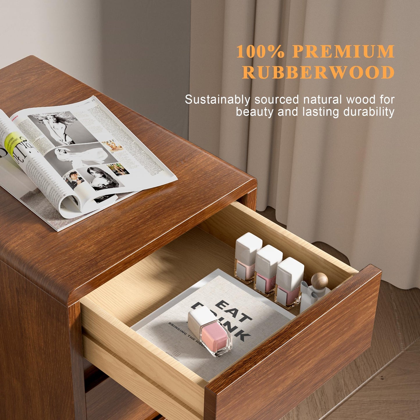 Nightstand with 3 Drawers Narrow Night Stand Solid Wood Bedside Table Mid Century Modern Nightstand Wooden End Table for Bedroom, Study, Office