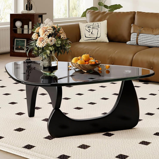 DESYIFO Morden Coffee Table, 44.9″×32.3″×15.8″ Coffee Tables for Living Room, with Triangle Tempered Glass Top & Wood, Abstract