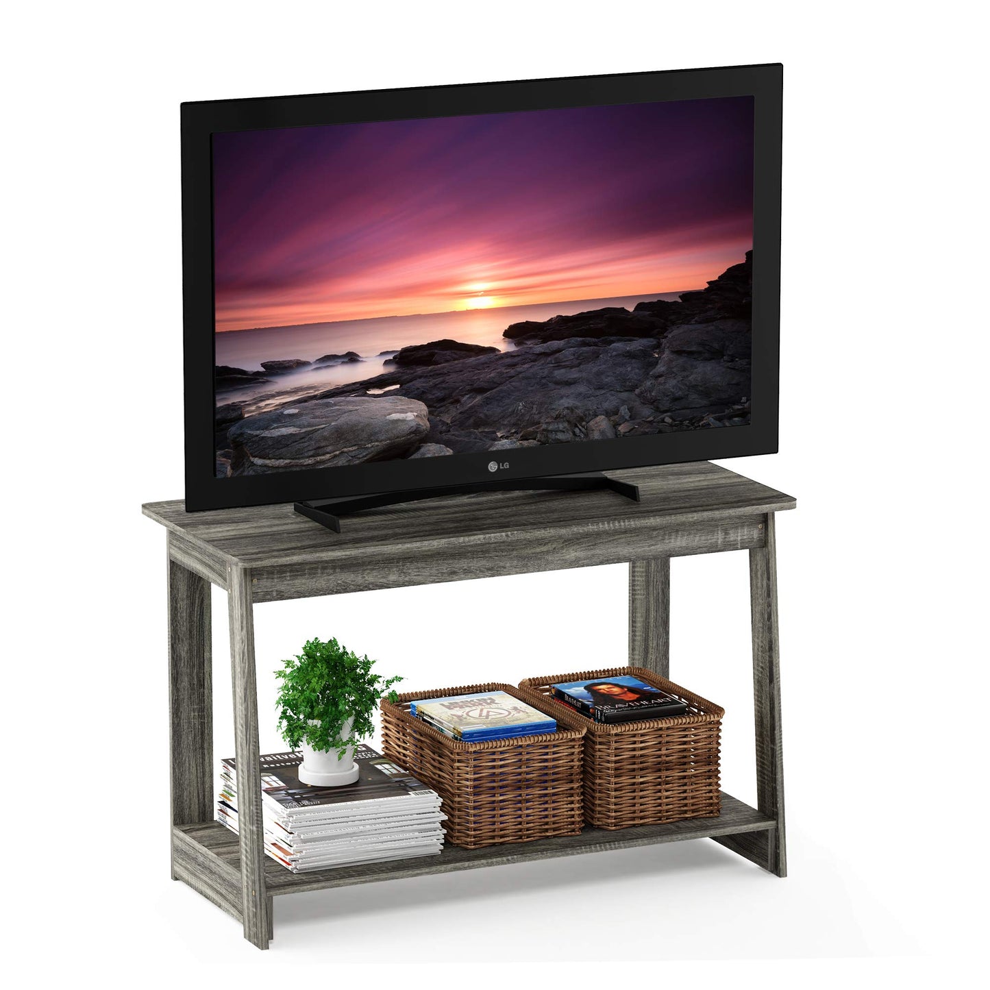 Furinno BEGINNING TV Stand, 2-Tier Rectangular Entertainment Center with Open Shelf, TV Console for TV up to 36 Inch, Open Back, for Living Room, Bedroom, French Oak