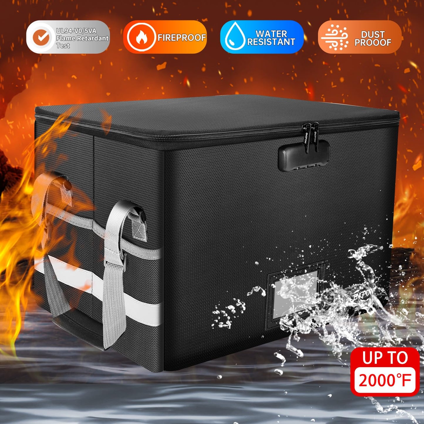 ENGPOW File Box with Lock, Fireproof Document Box with Pockets, Collapsible File Organizer Filing Storage Cabinet with Handle, Portable Home Office Safe for Hanging Letter/Legal Folders,Black,2 Pack