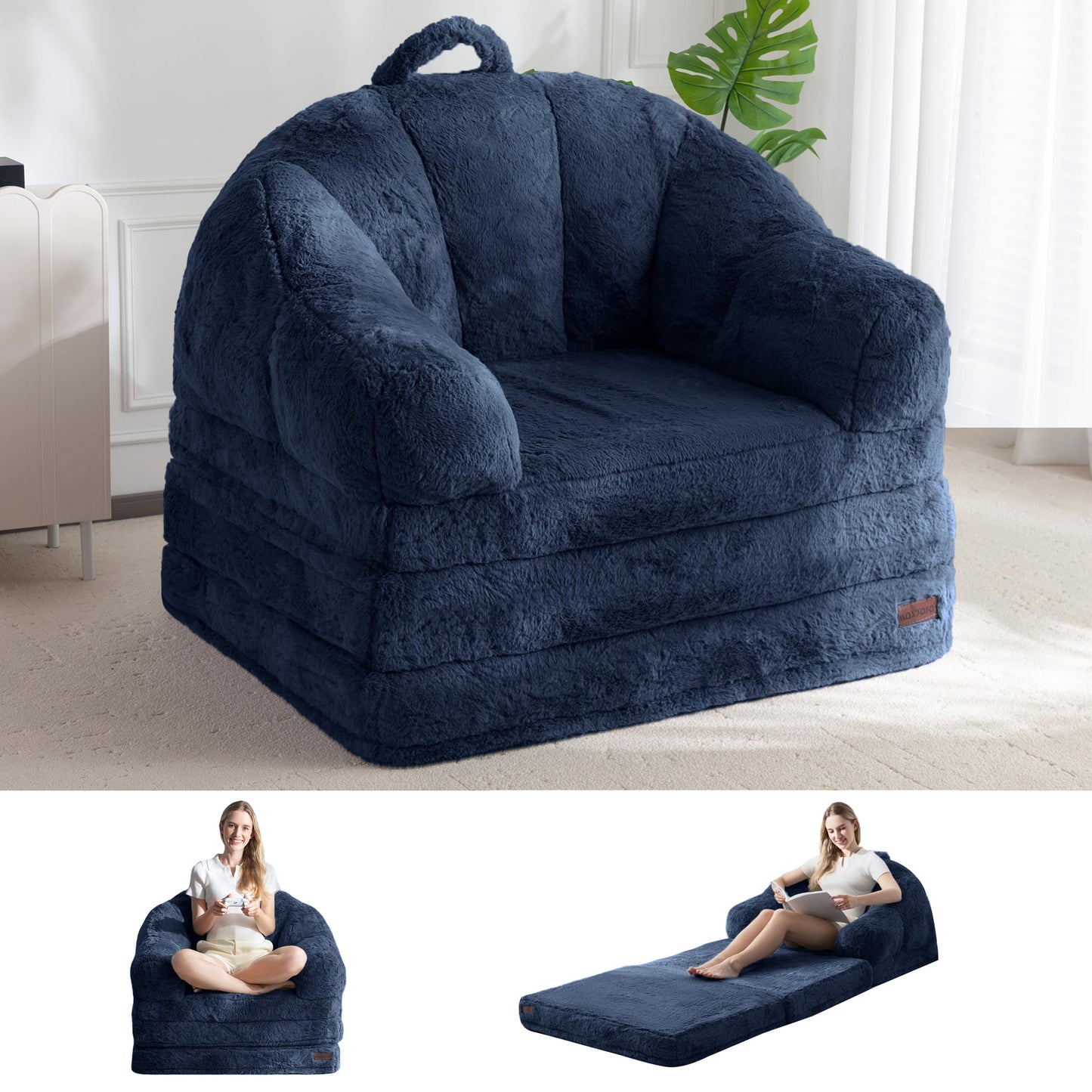MAXYOYO Folding Sofa Bed, 2 in 1 Convertible Sofa to Lounger Comfy Single Bean Bag Chair for Adults, Floor Couch with Handle, Faux Fur Couch Bed for Living Room Bedroom, Navy