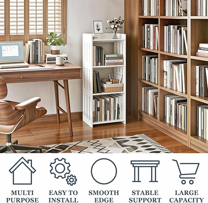 HAYOFAMY Bookshelf, Bookcase for Small Spaces, 4 Tier Shelf White Book