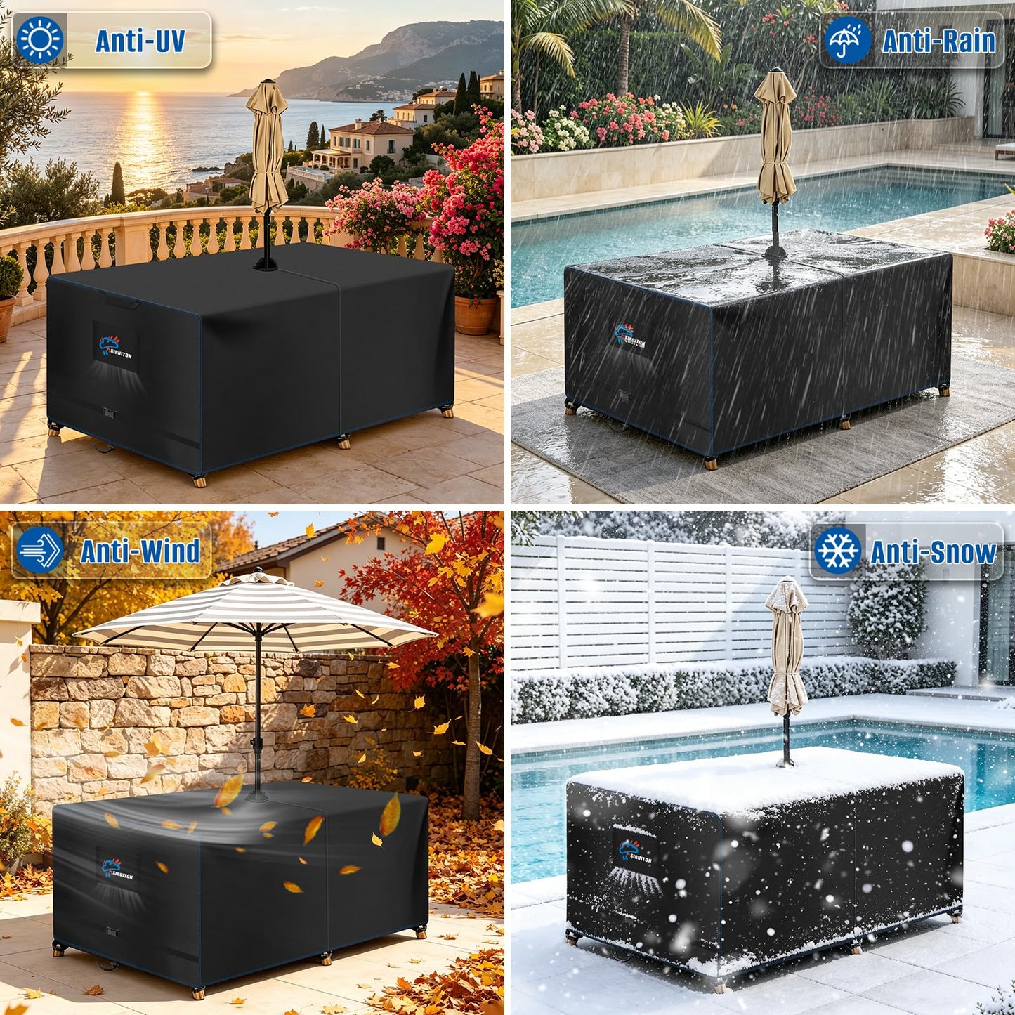 SIRUITON Rectangle Patio Table Cover with Umbrella Hole 108" L X 82" W X 23.6" H (COVER SIZE，NOT TABLE SIZE) Heavy Duty 600D Oxford Fabric Outdoor Waterproof Lawn Patio Furniture Covers