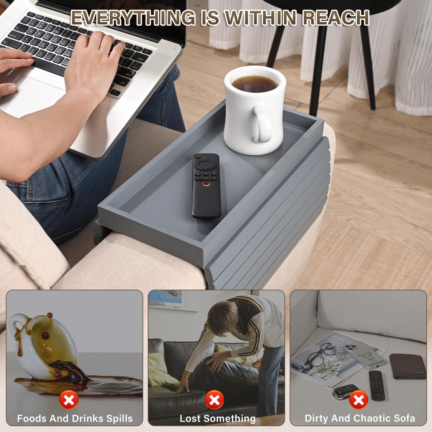 YUBAMIN Bamboo Sofa Arm Tray, Anti-Dropping Couch Arm Tray, Foldable Sofa Armrest Tray Couch Arm Table for Eats, Drinks, Snacks, Remote, Cellphone, Cup Holder, Back Anti-Slip Pad Design