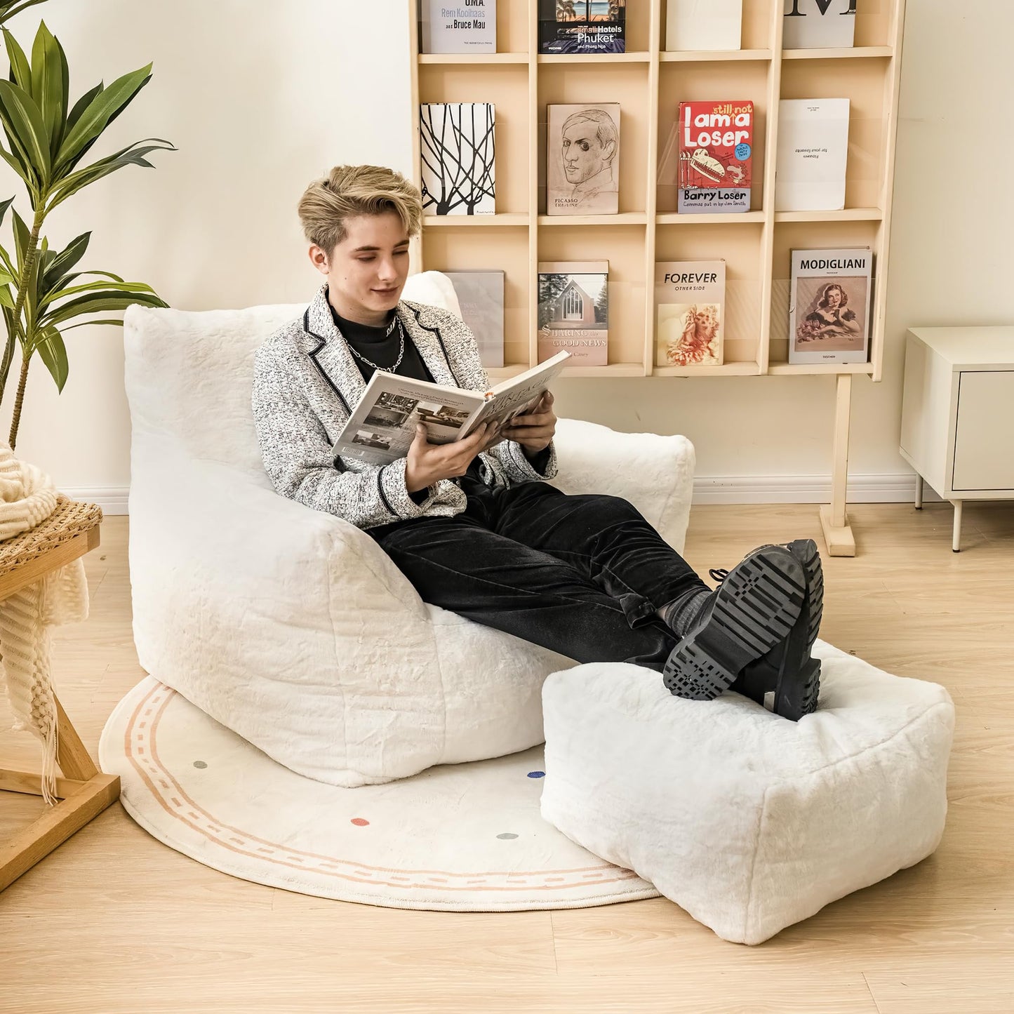Cvortll Bean Bag Chair with Ottoman, Armrest Bean Bag Chairs with Filler, Ultra Soft Fluffy Faux Fur Bean Bag Chair with Foot Rest, Plush Lazy Sofa with Foot Stool for Living Room, Dorm
